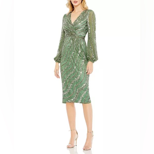 Mac Duggal Green Sequin V-Neck Midi Dress Style 5573